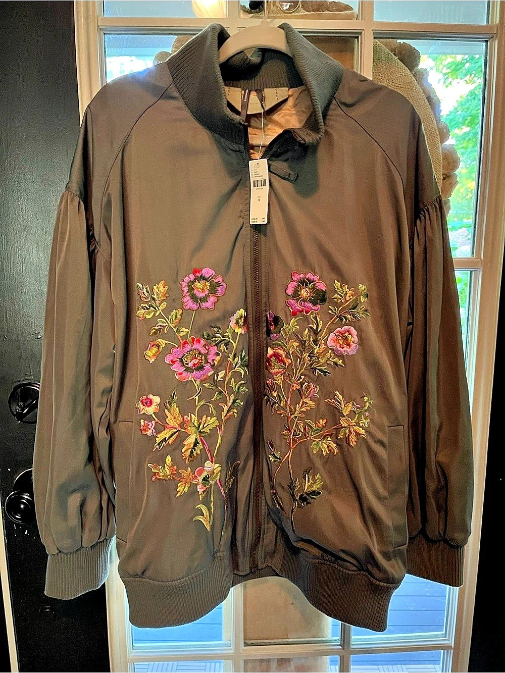 Anthropologie Floral Bomber Jacket in moss Size Medium NWT